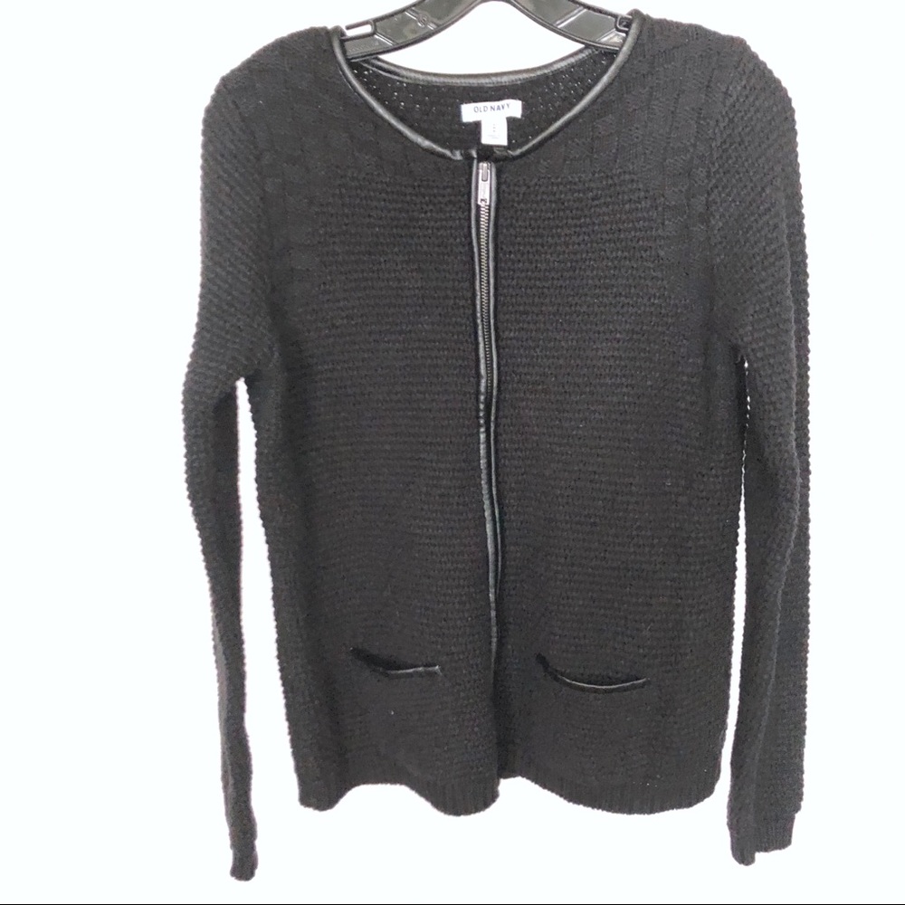 OLD NAVY | Black Knit Leather Trim Zip Cardigan